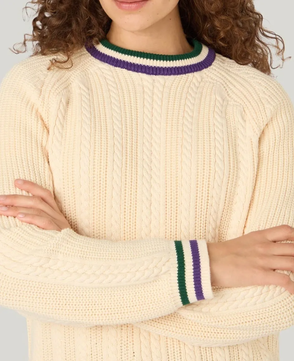 Wimbledon Cable Knit Crew Neck Sweater in Cream-Women Knitwear|Sweatshirts & Hoodies