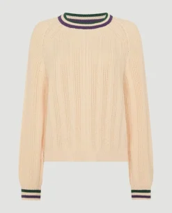 Wimbledon Cable Knit Crew Neck Sweater in Cream-Women Knitwear|Sweatshirts & Hoodies