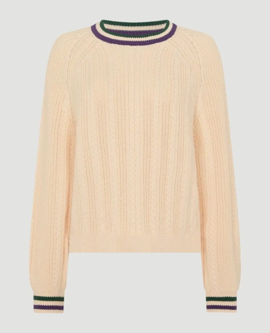 Wimbledon Cable Knit Crew Neck Sweater in Cream-Women Knitwear|Sweatshirts & Hoodies