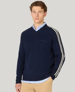 Wimbledon Contrast Stripe V-Neck Sweater in Navy- Knitwear