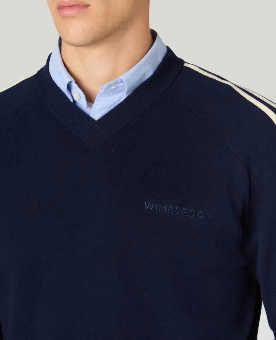 Wimbledon Contrast Stripe V-Neck Sweater in Navy- Knitwear