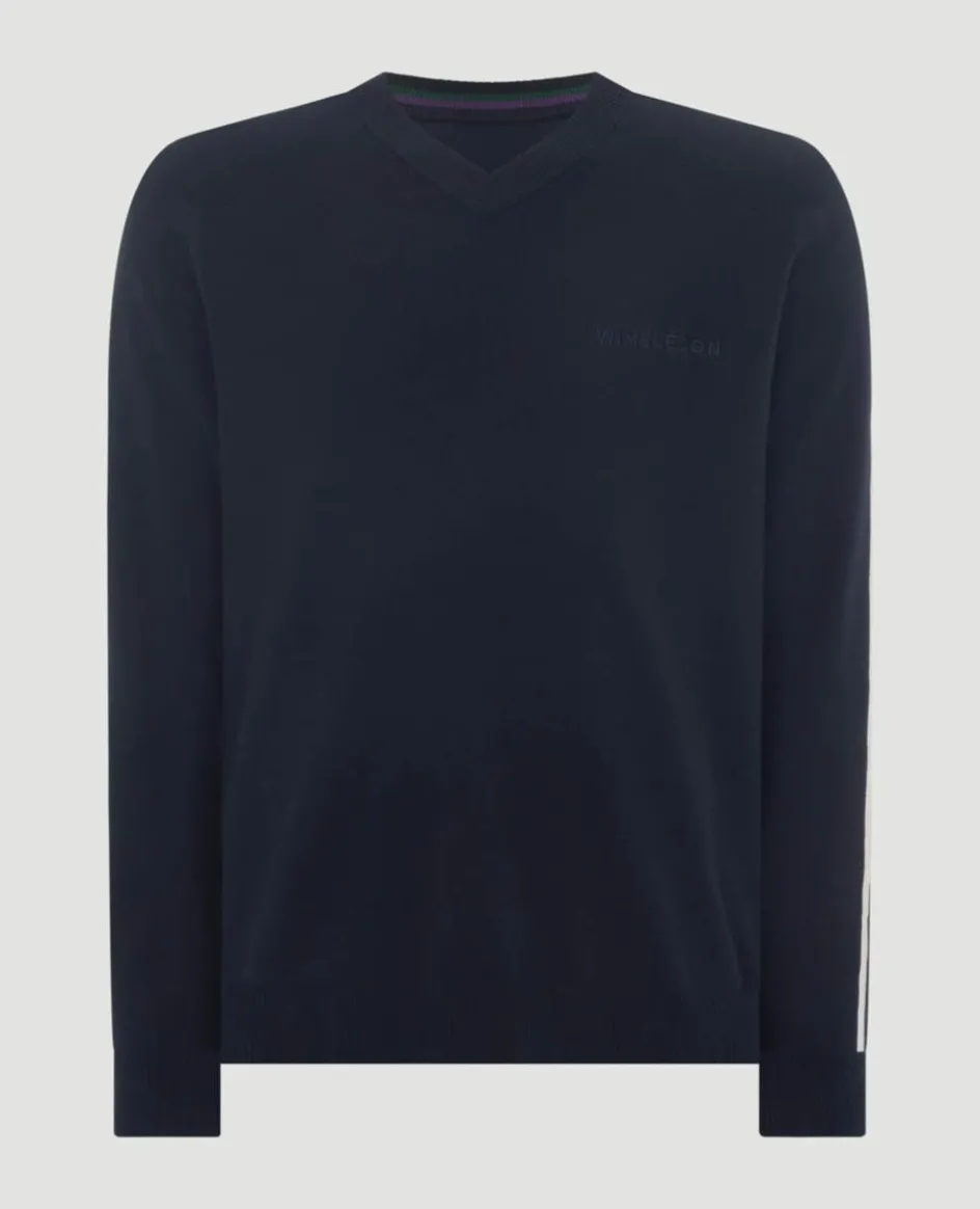 Wimbledon Contrast Stripe V-Neck Sweater in Navy- Knitwear