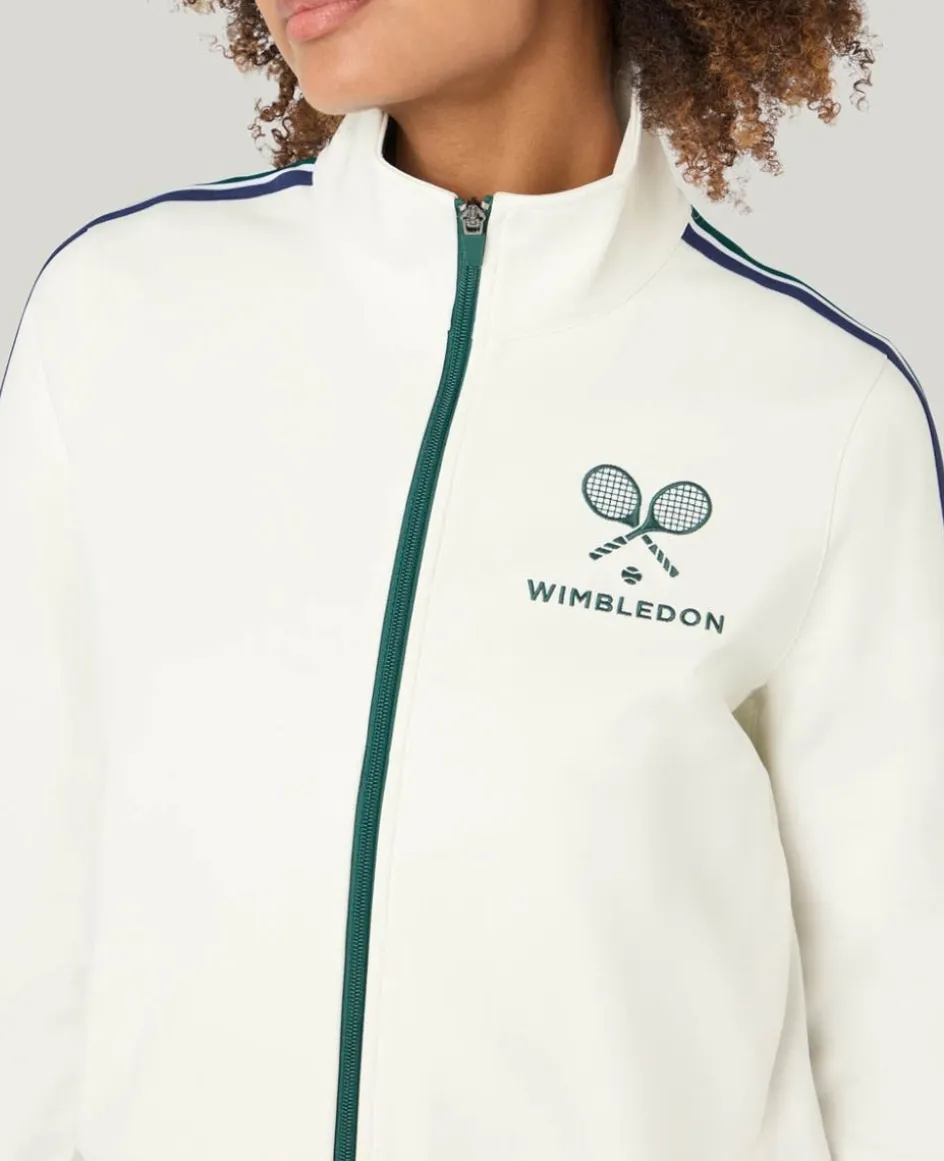 Wimbledon High Neck Zip Front Stripe Track Jacket in White-Women Jackets & Coats