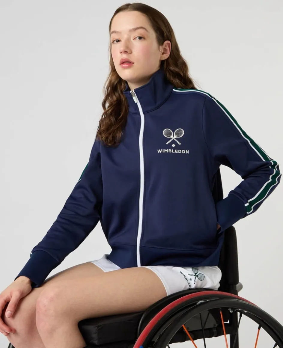 Wimbledon High Neck Zip Front Stripe Track Jacket in Navy-Women Jackets & Coats
