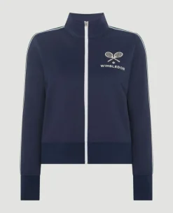 Wimbledon High Neck Zip Front Stripe Track Jacket in Navy-Women Jackets & Coats