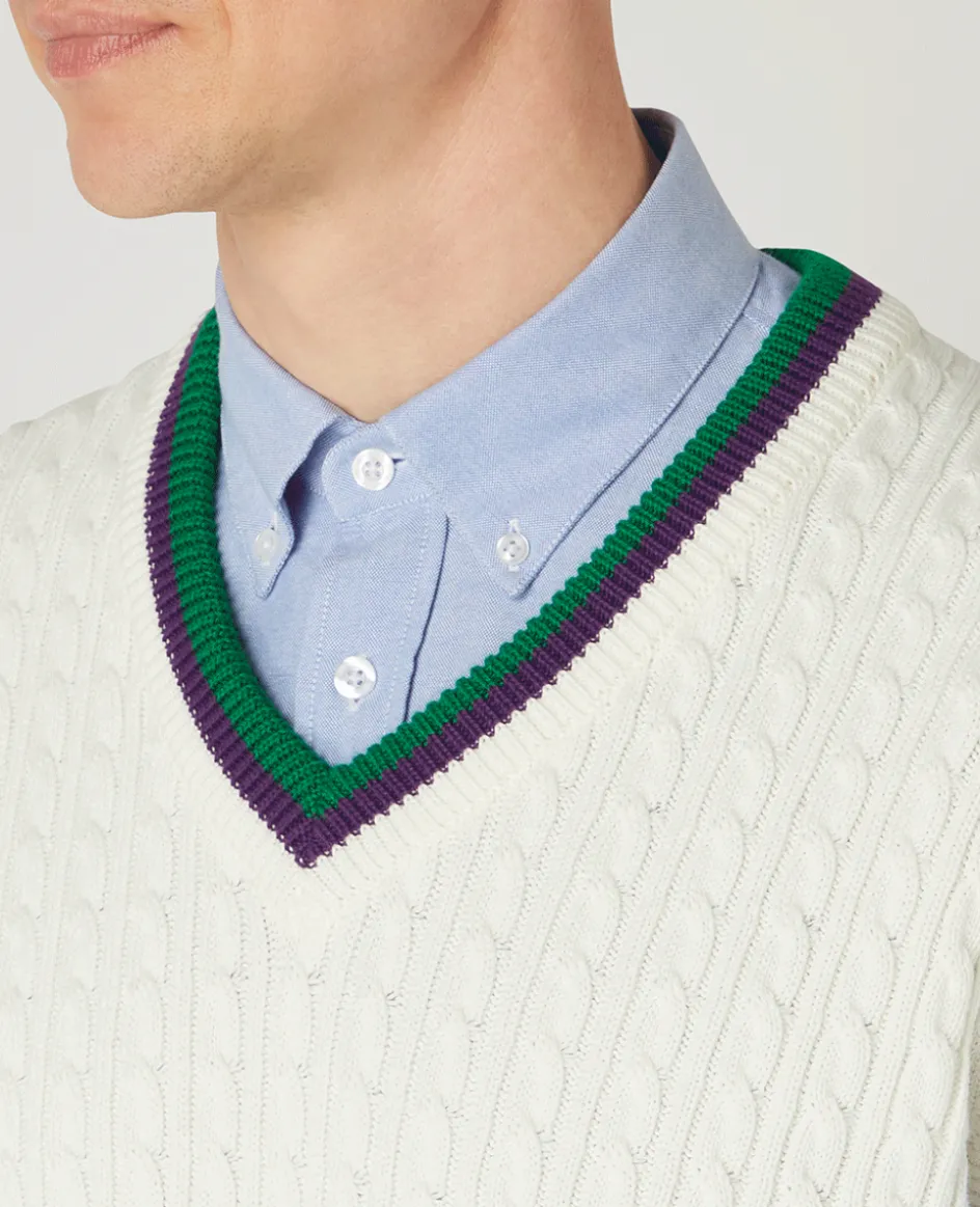 Wimbledon Mens Core Sleeveless Cable Knit - White- Knitwear