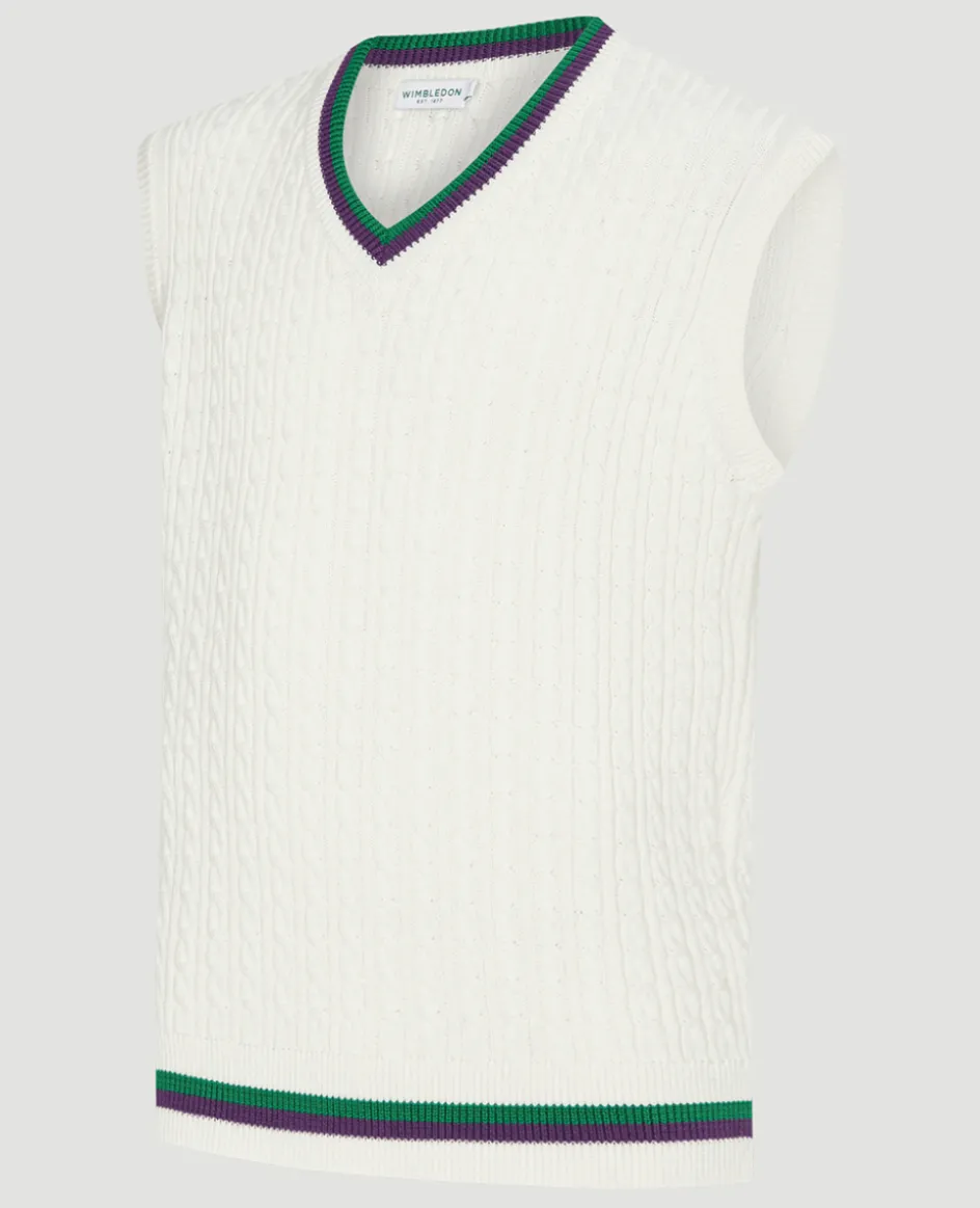 Wimbledon Mens Core Sleeveless Cable Knit - White- Knitwear