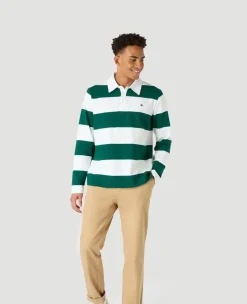 Wimbledon Mens Long Sleeve Rugby Polo - White & Green- Polo Shirts