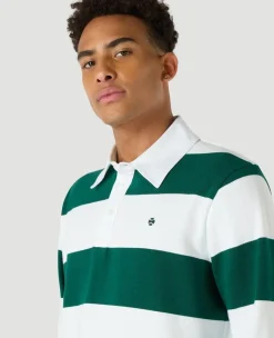 Wimbledon Mens Long Sleeve Rugby Polo - White & Green- Polo Shirts