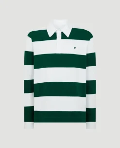 Wimbledon Mens Long Sleeve Rugby Polo - White & Green- Polo Shirts