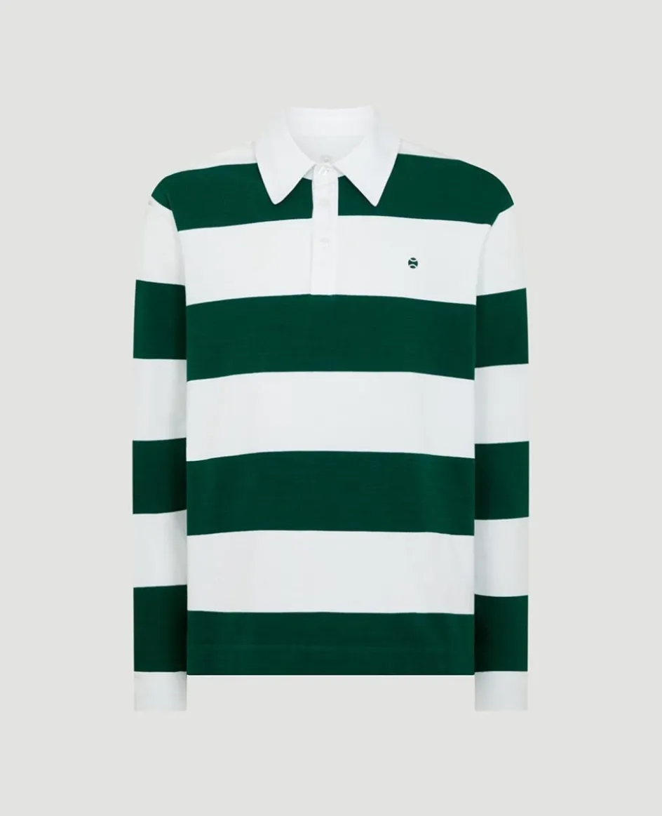 Wimbledon Mens Long Sleeve Rugby Polo - White & Green- Polo Shirts