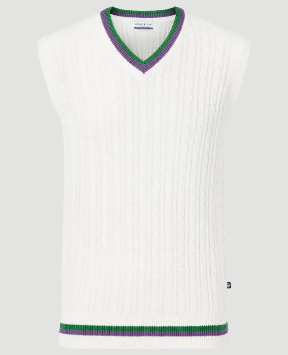 Wimbledon Men's Tank Cable Knit - White- Knitwear