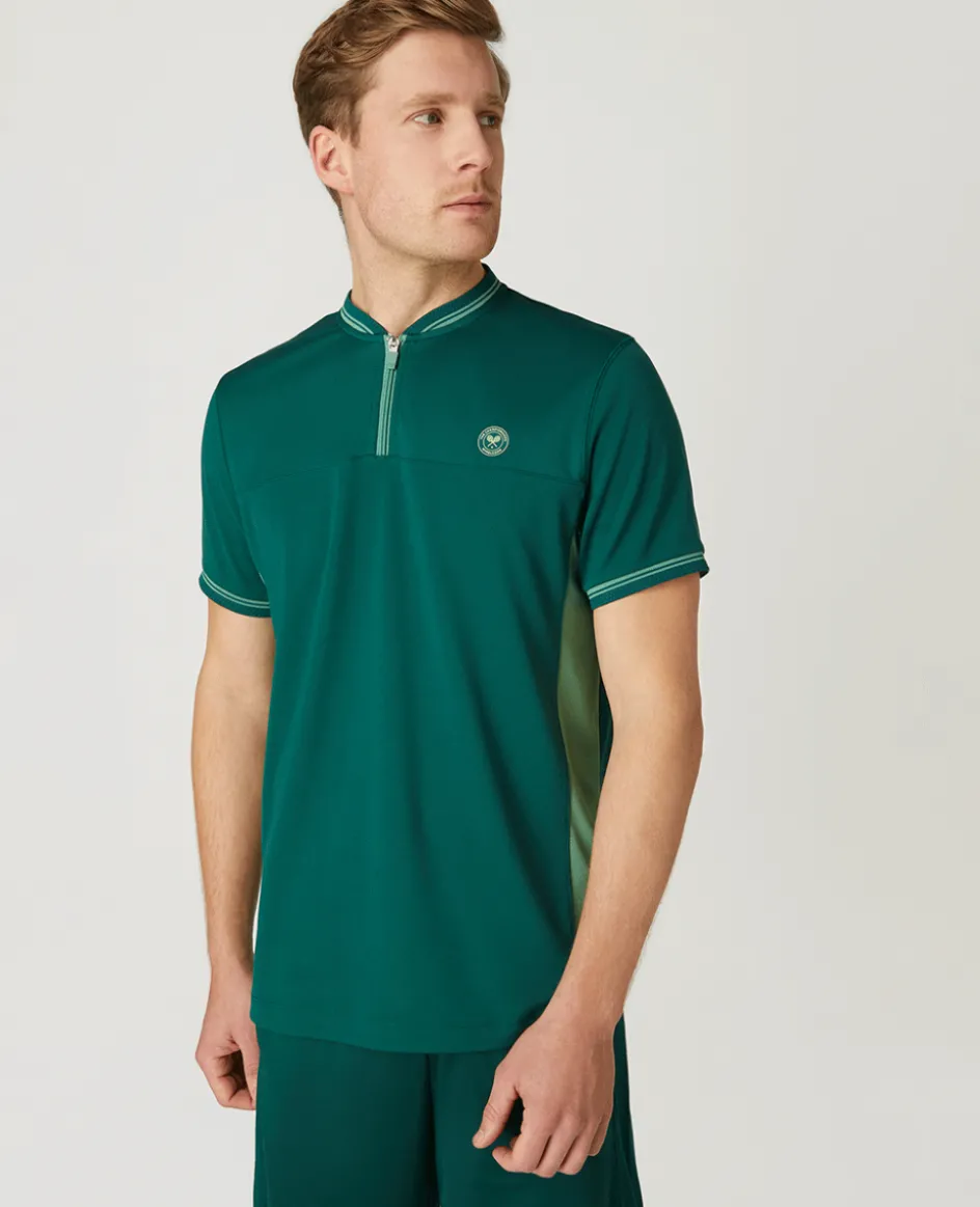 Wimbledon Mens Zip Neck Polo - Green- Polo Shirts