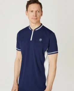Wimbledon Mens Zip Neck Polo Navy & White- Polo Shirts