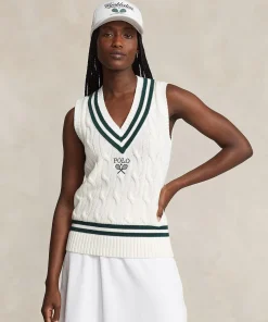 Wimbledon Polo Ralph Lauren Womens Cable-Knit Cotton Vest - White-Women Knitwear