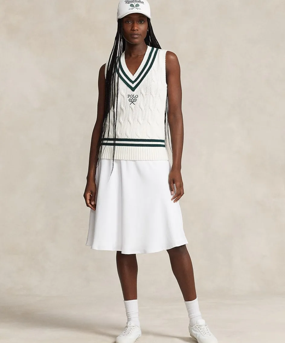 Wimbledon Polo Ralph Lauren Womens Cable-Knit Cotton Vest - White-Women Knitwear