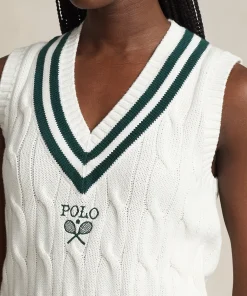 Wimbledon Polo Ralph Lauren Womens Cable-Knit Cotton Vest - White-Women Knitwear