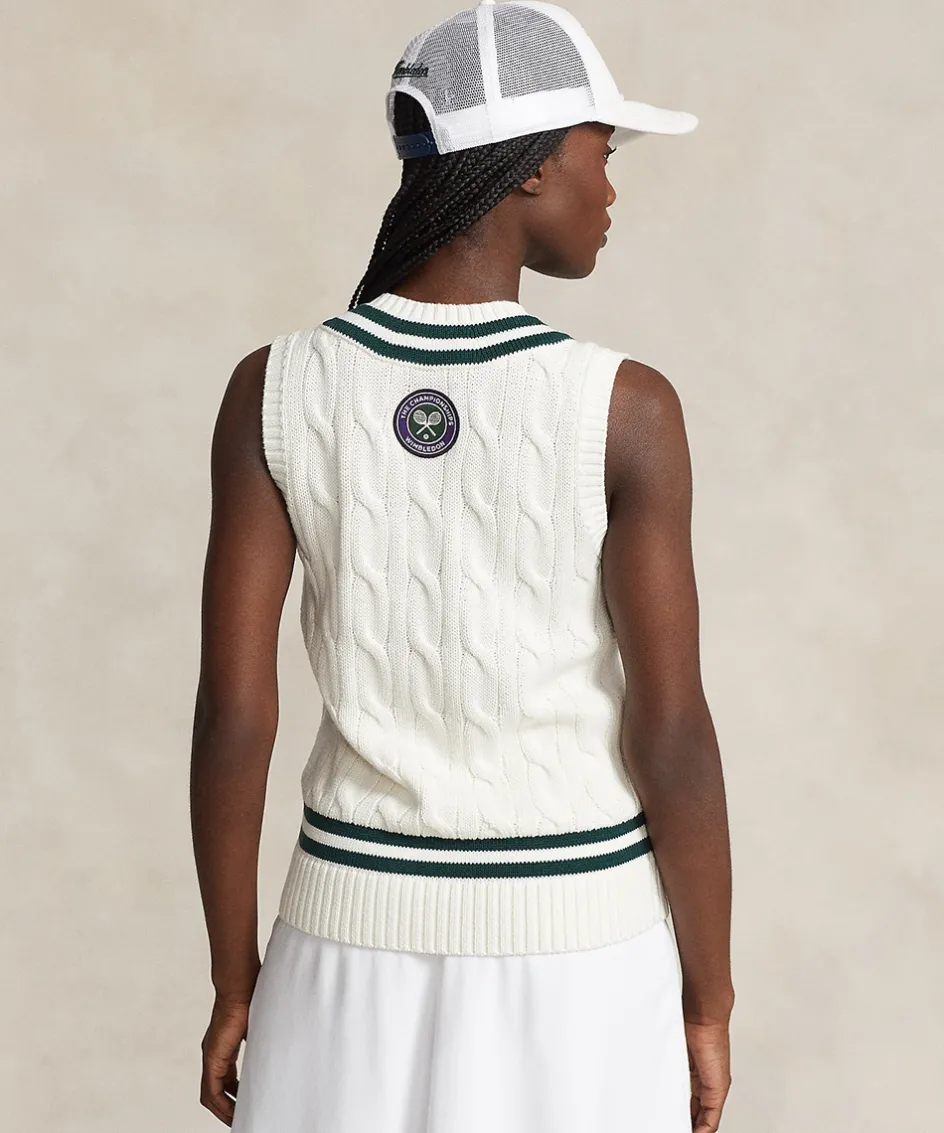 Wimbledon Polo Ralph Lauren Womens Cable-Knit Cotton Vest - White-Women Knitwear