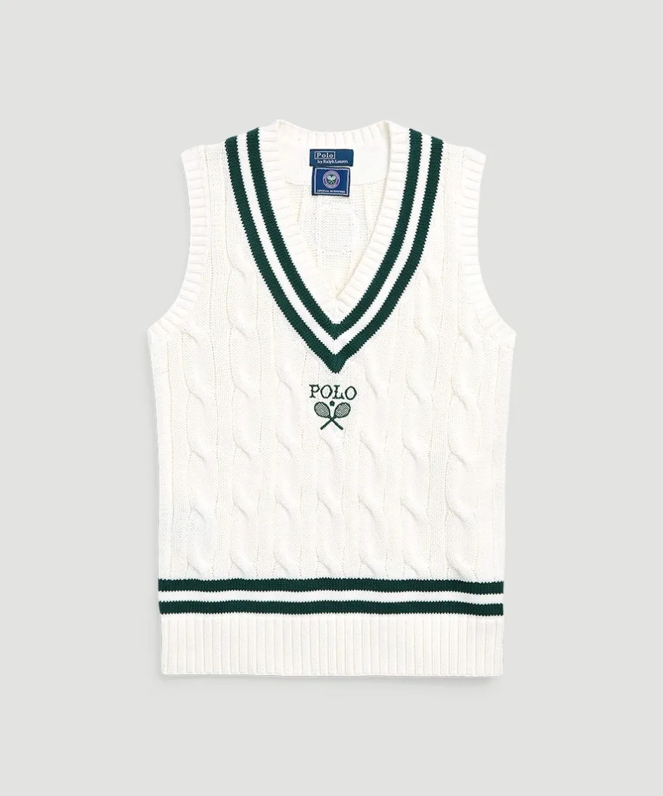 Wimbledon Polo Ralph Lauren Womens Cable-Knit Cotton Vest - White-Women Knitwear