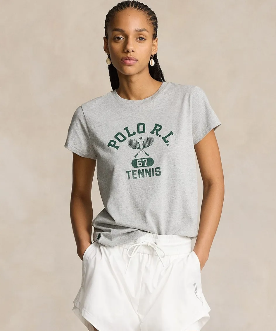 Wimbledon Polo Ralph Lauren Womens Graphic Jersey T-Shirt - Grey-Women Tops & T-Shirts