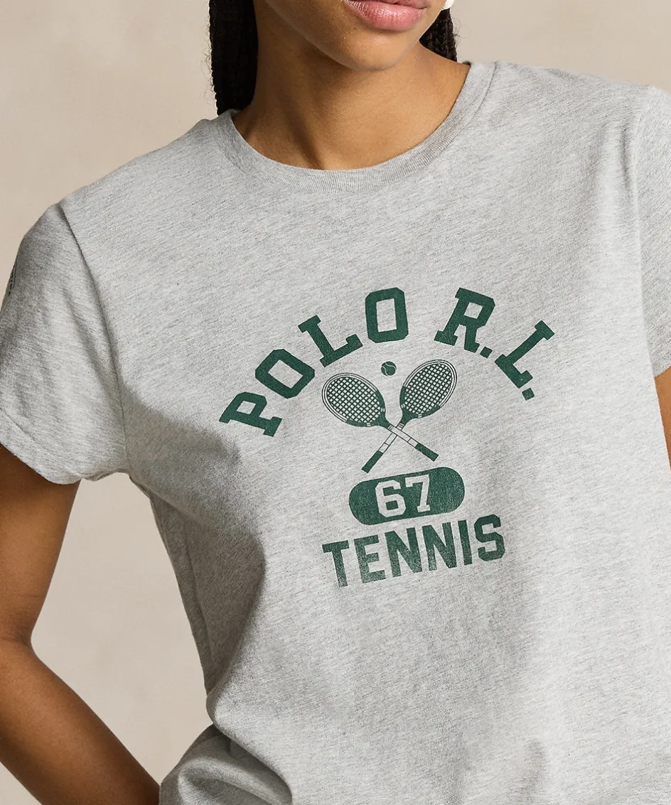 Wimbledon Polo Ralph Lauren Womens Graphic Jersey T-Shirt - Grey-Women Tops & T-Shirts