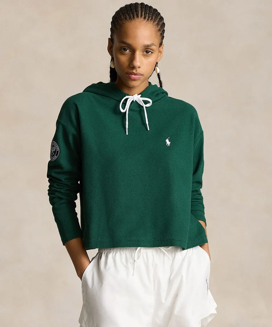 Wimbledon Polo Ralph Lauren Womens Piqué Cropped Hoodie - Green-Women Sweatshirts & Hoodies