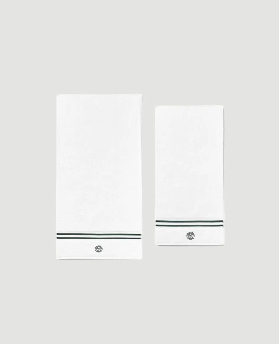 Wimbledon White Cotton Bath and Hand Towel Set with Green Accents- Towels