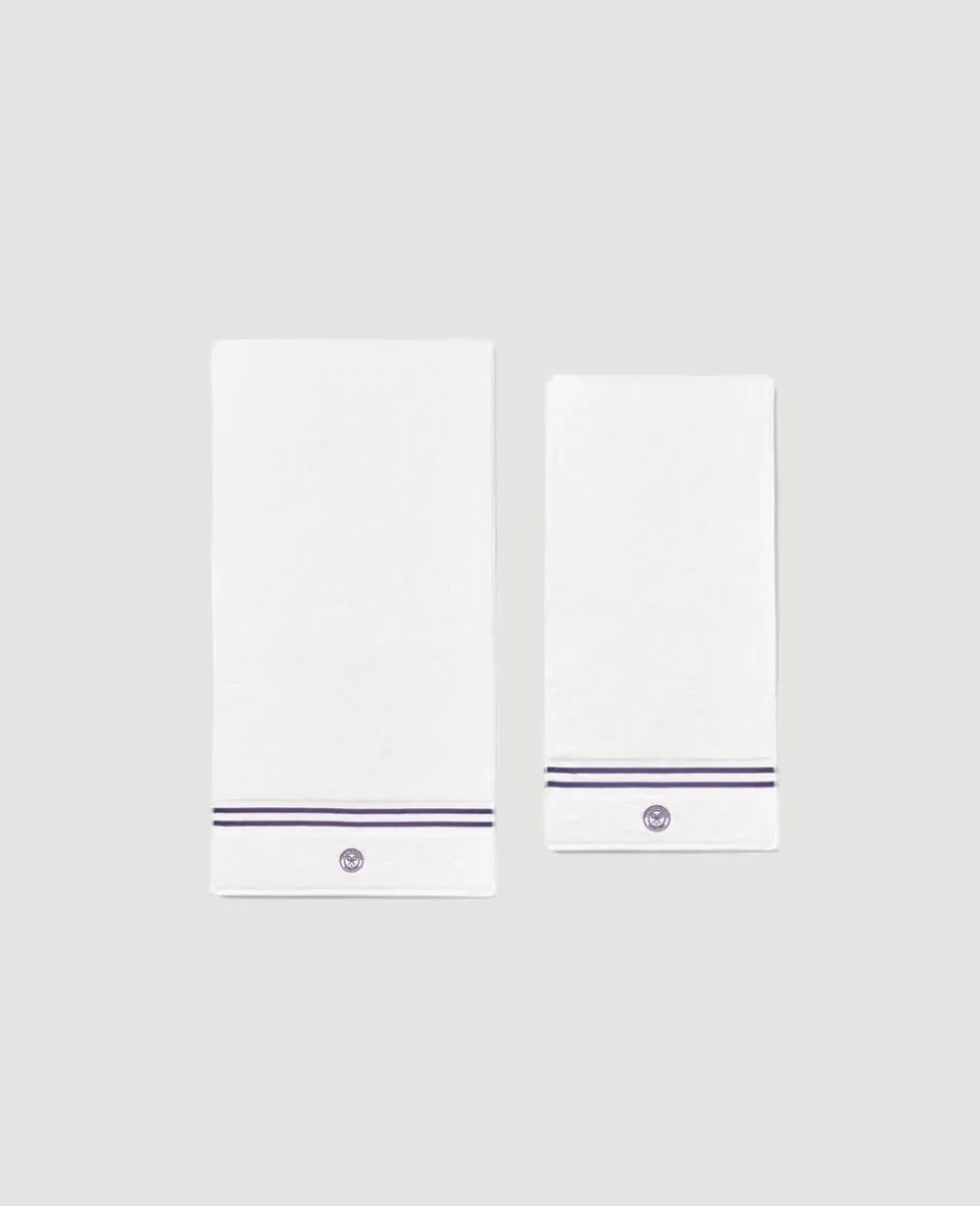 Wimbledon White Cotton Bath and Hand Towel Set with Purple Accents- Towels
