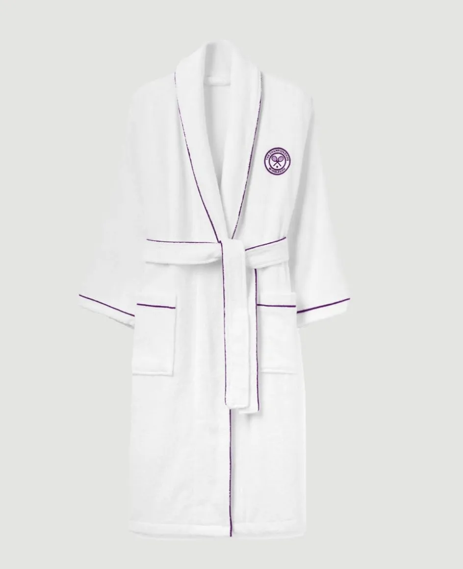 Wimbledon White Cotton Terry Towelling Robe with Purple Logo- Towels