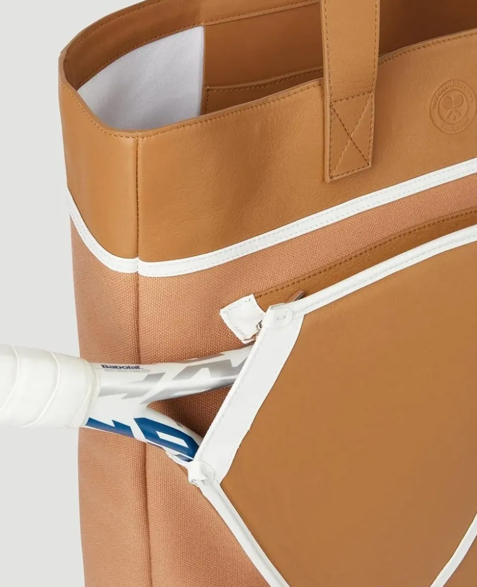 Wimbledon Leather & Canvas Racket Tote Bag - Tan- Tote|Bags