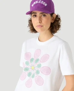 Wimbledon Womens Flower Racket T-Shirt - White-Women Tops & T-Shirts