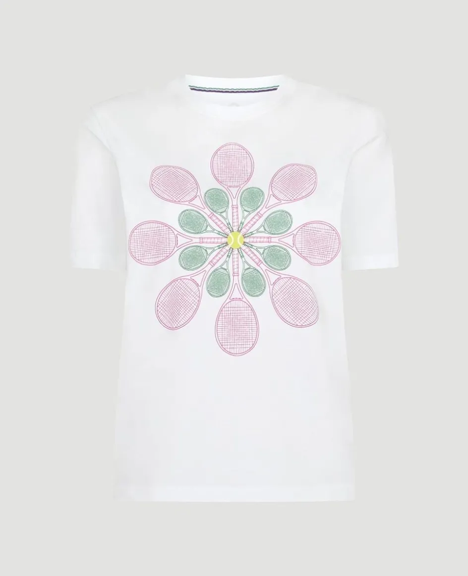 Wimbledon Womens Flower Racket T-Shirt - White-Women Tops & T-Shirts