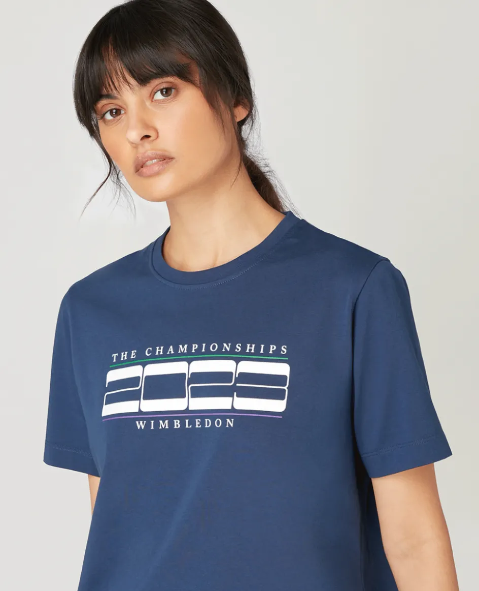 Wimbledon Women's Linear 2023 T-Shirt - Navy-Women Tops & T-Shirts