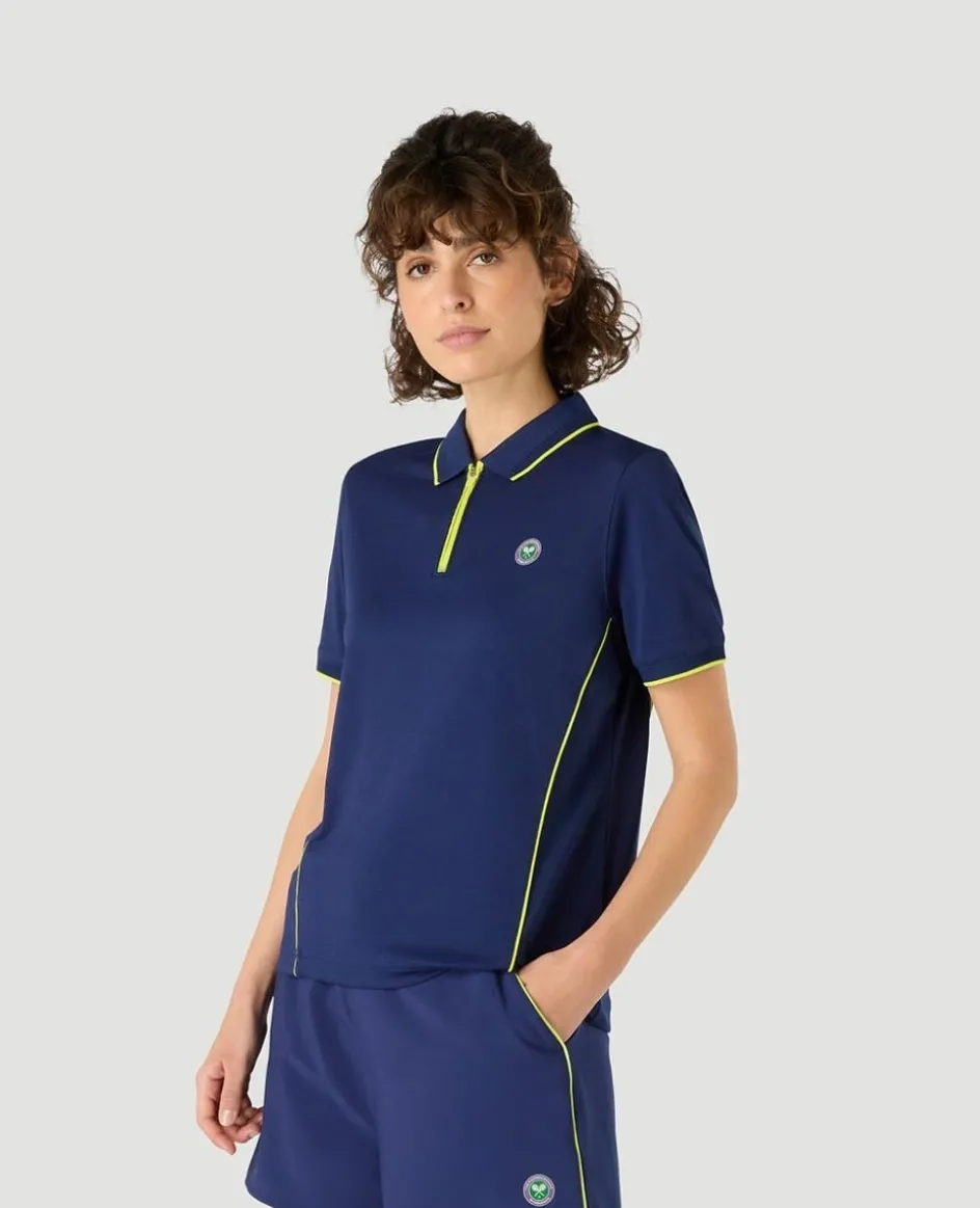 Wimbledon Womens Performance Zip Polo - Navy-Women Tops & T-Shirts|Tops & T-Shirts
