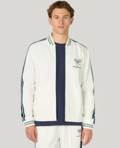 Wimbledon Zip Front Stripe Track Jacket in White- Jackets & Coats