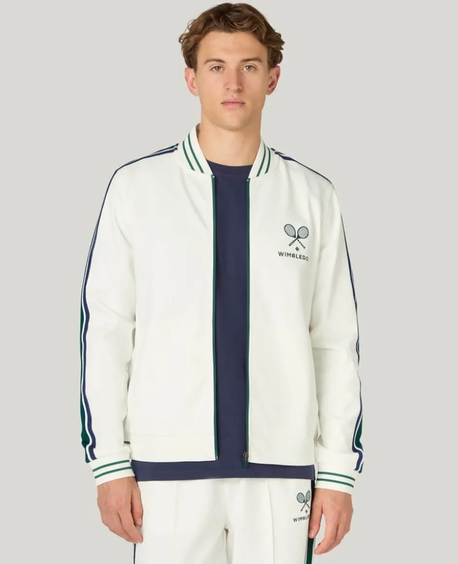 Wimbledon Zip Front Stripe Track Jacket in White- Jackets & Coats